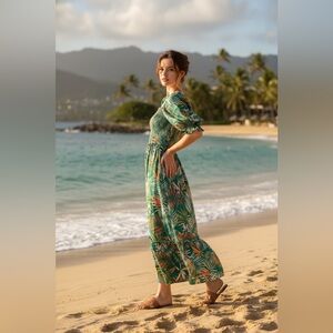 Betsey Johnson Green Ruched Fabric Beachy lightweight Maxi Dress